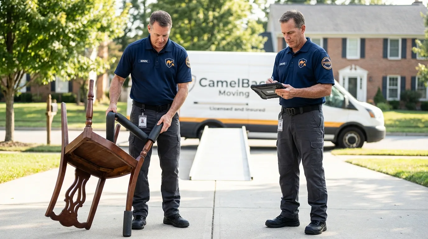 Movers inspecting furniture for damage prevention before loading in Frostburg, MD