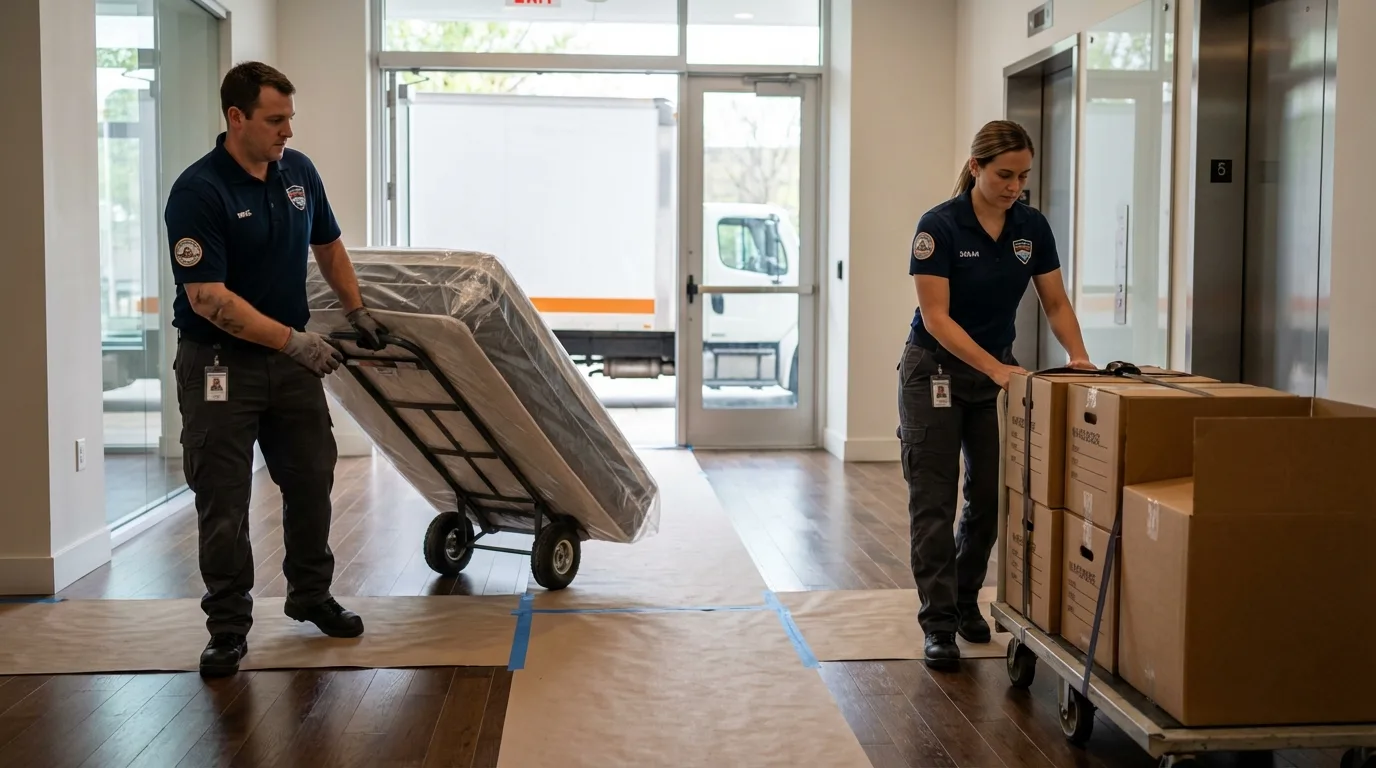 Professional apartment movers loading elevator in Frostburg, MD