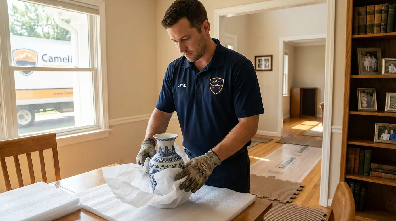 Professional crew carefully wrapping antique vase for senior downsizing move in Frostburg, MD